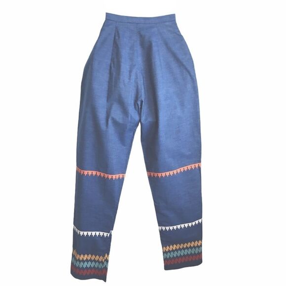 Vintage 1960s Embroidered Striped Pants Blue Small - Picture 3 of 16